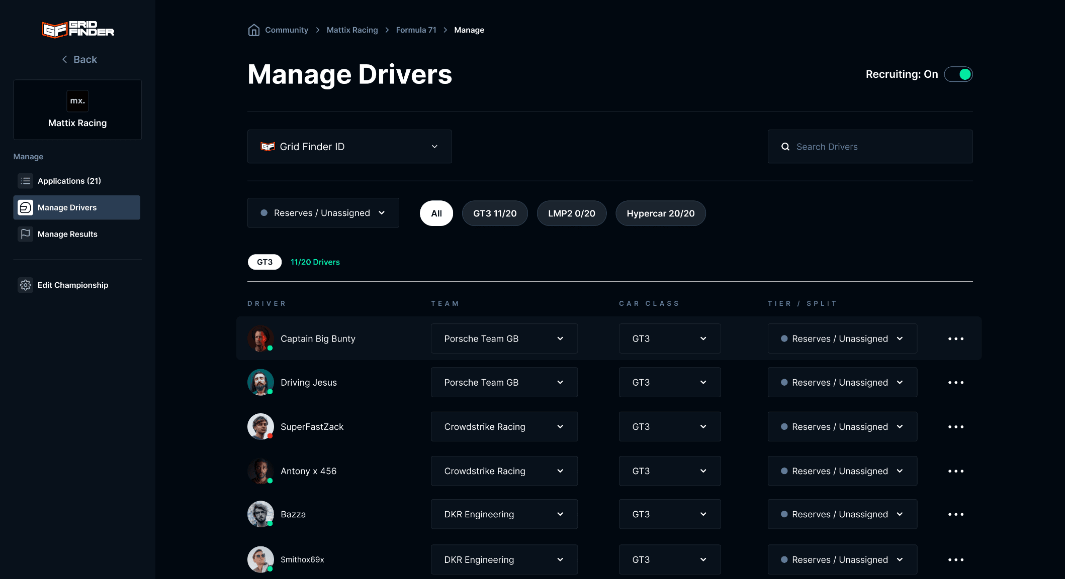 An image showing a list of drivers on the Grid Finder website